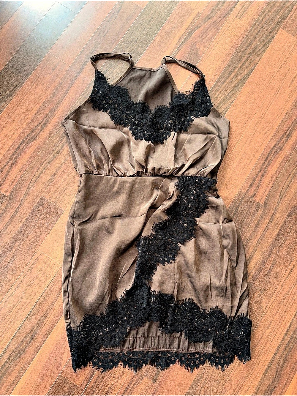 Brown & Black Satin-Style Lace Trim Mini Dress Like New